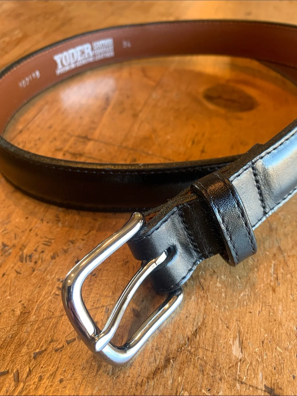 Men's Black Leather Belt with Polished Silver Buckle